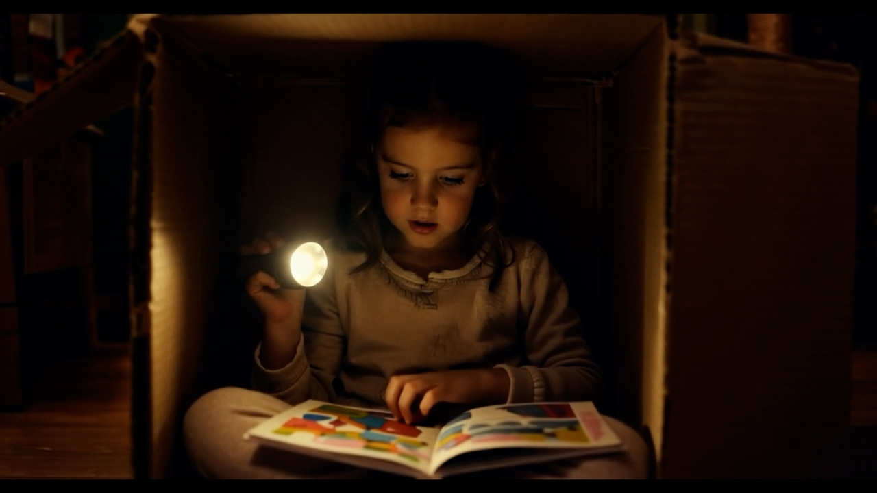 Girl reading in a box by flashlight